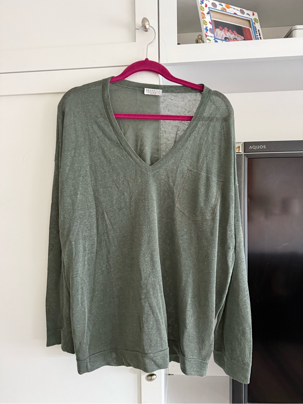 Brunello Cucinelli Olive Green V-Neck Lightweight Knit Sweater
